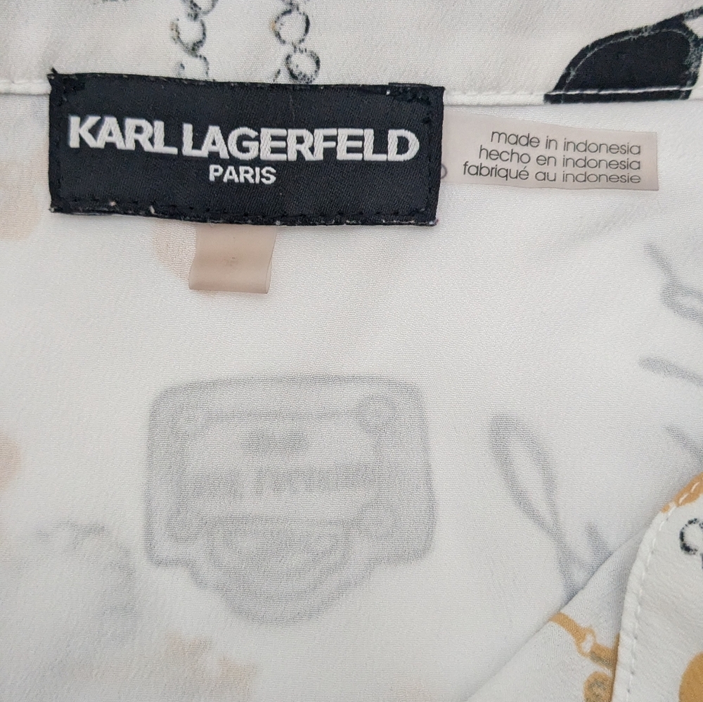 Karl Lagerfeld Paris Whimsical Signature-Printed Blouse Long Roll-Tab Sleeves L - Picture 8 of 12